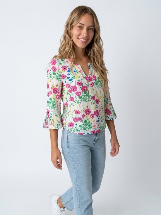 Crown & Ivy Tops - Crown & Ivy Petite Floral Bell Sleeve Blouse V-Neck Multicolor PS